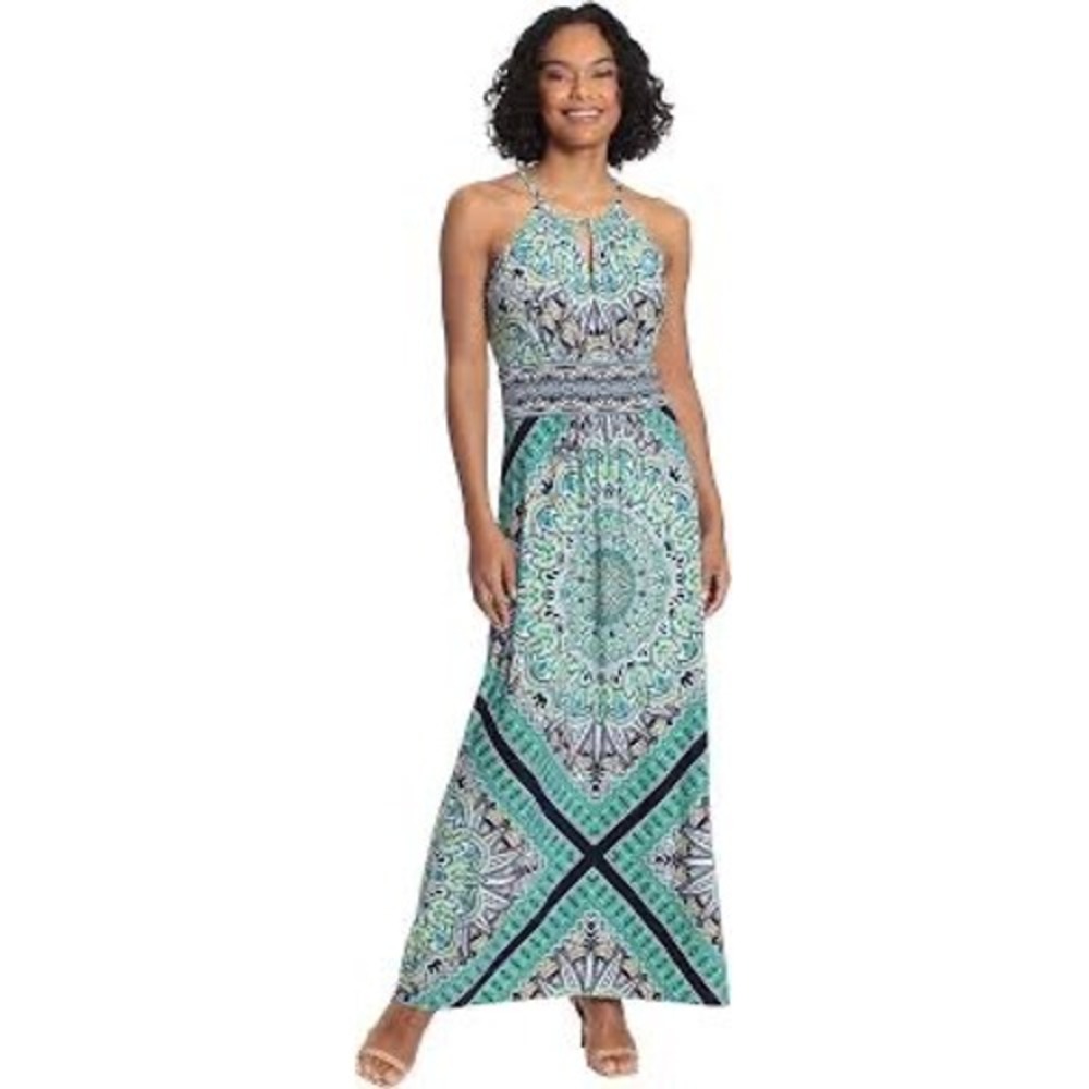 London Style Collection‎ Green Blue Mandala Paisley Halter Maxi Dress Size 14